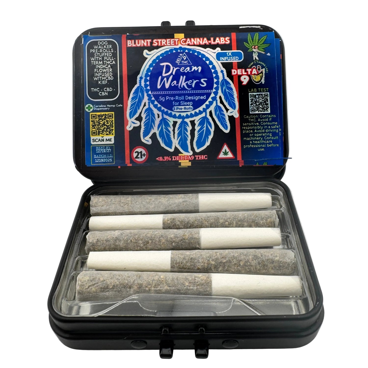 Case of pre-rolled joints with Dream Walkers branding on a white background