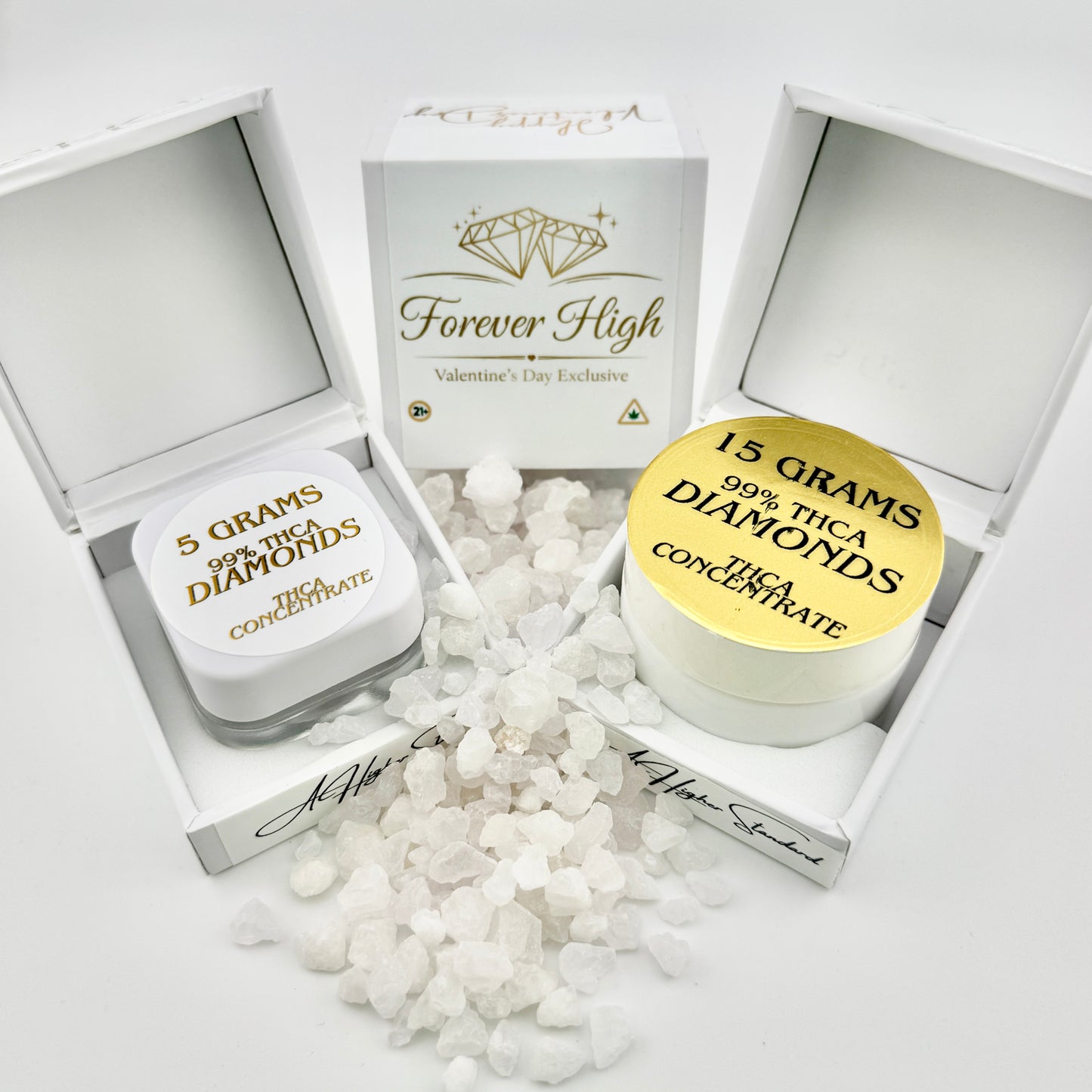 Cannabis products with 'Forever High' branding on a white background
