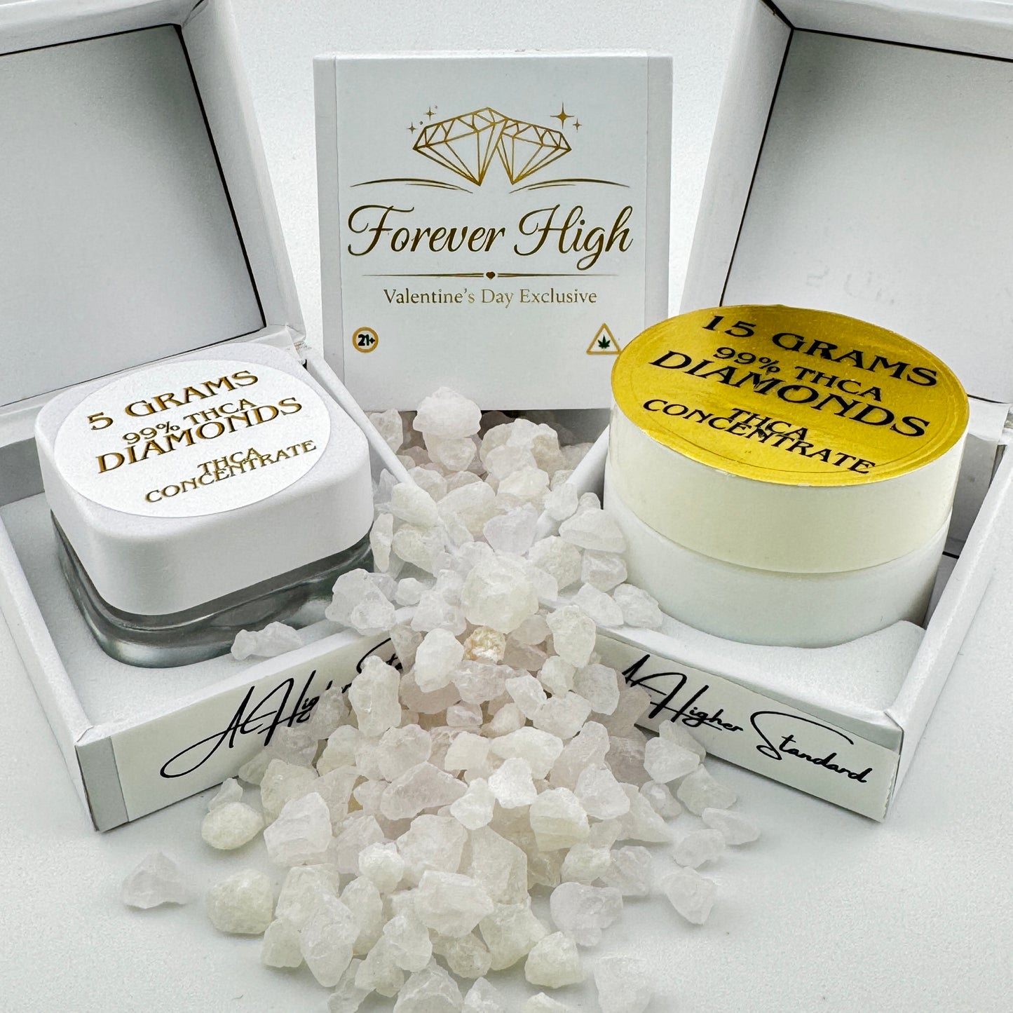 Cannabis products with 'Forever High' branding on a white background