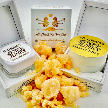 Marijuana products including jars and packaging with branding on a white background