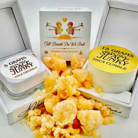 Marijuana products including jars and packaging with branding on a white background