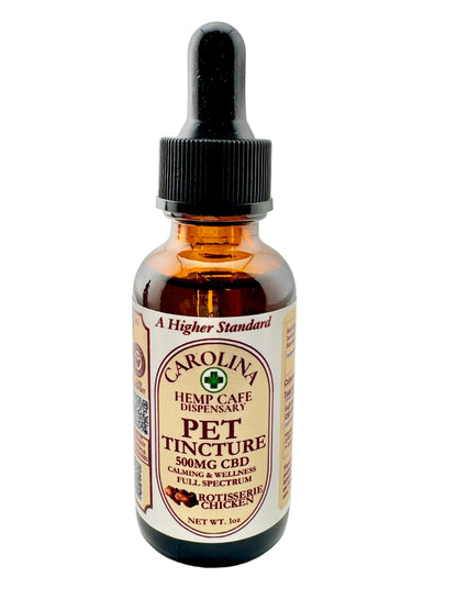 Bottle of Carolina Hemp Cafe Pet Tincture on a white background
