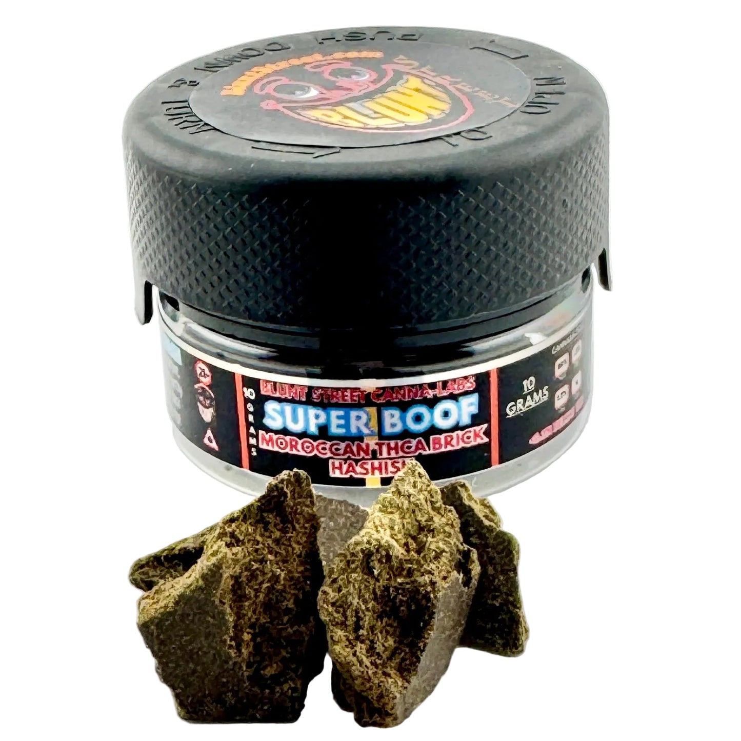 Jar of Super Boof Moroccan Thaï Brick Hashish with two pieces of hash on a white background