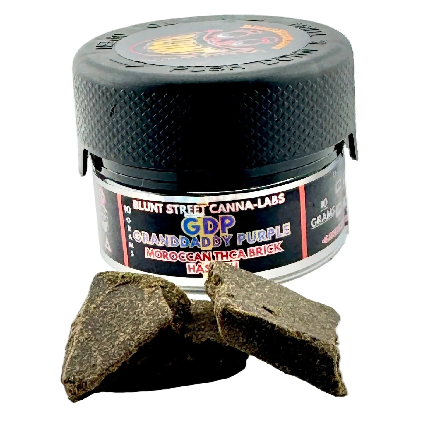 Jar of Blunt Street Canna-Labs GDP Grandaddy Purple Moroccan Thc brick on a white background