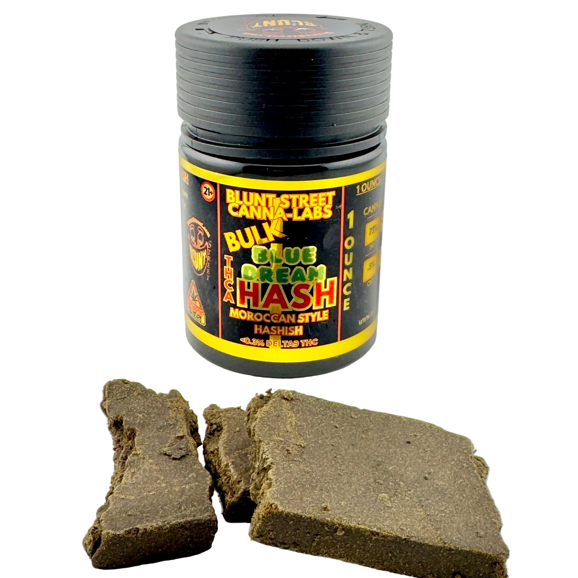 Jar of hash with two pieces on a gray background