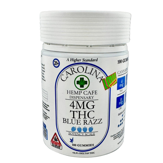 Jar of Carolina Hemp Cafe dispensary gummies with THC content on a white background