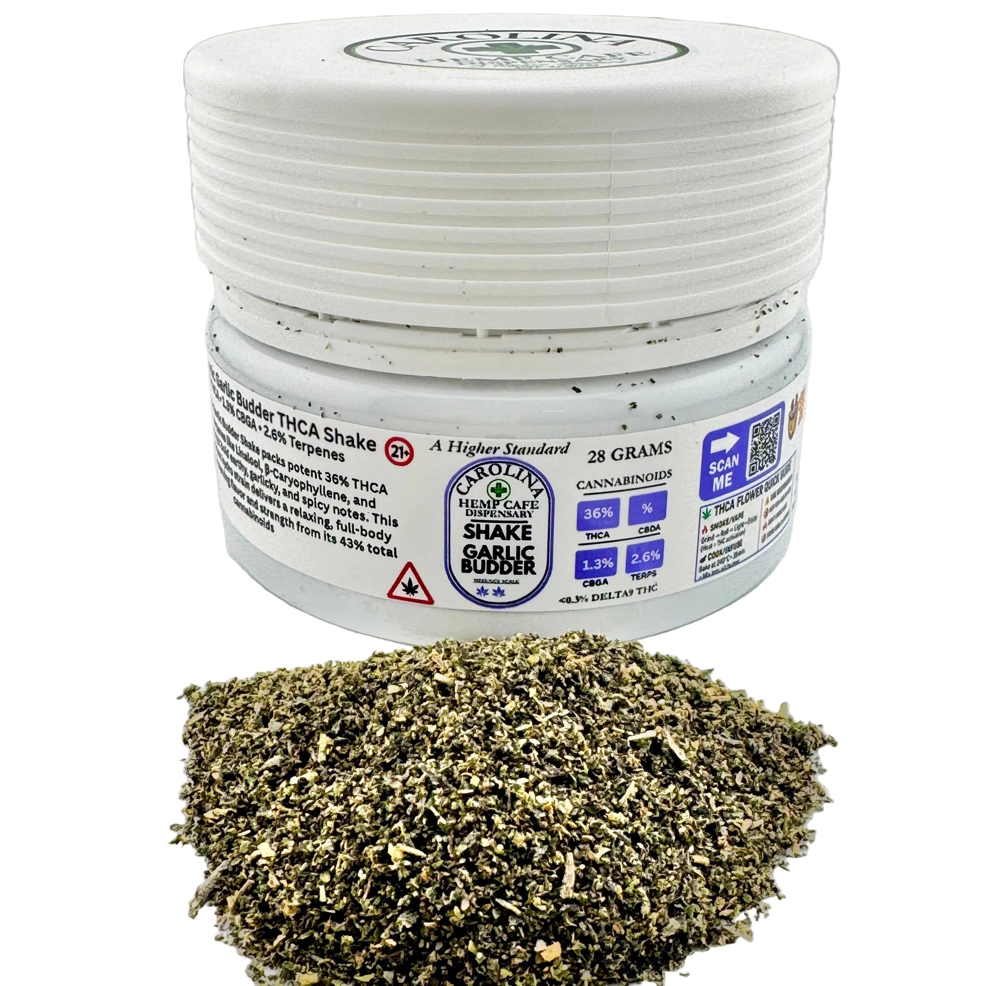 White jar of Carolina Hemp Co. THCA Shake with green powder on a gray background