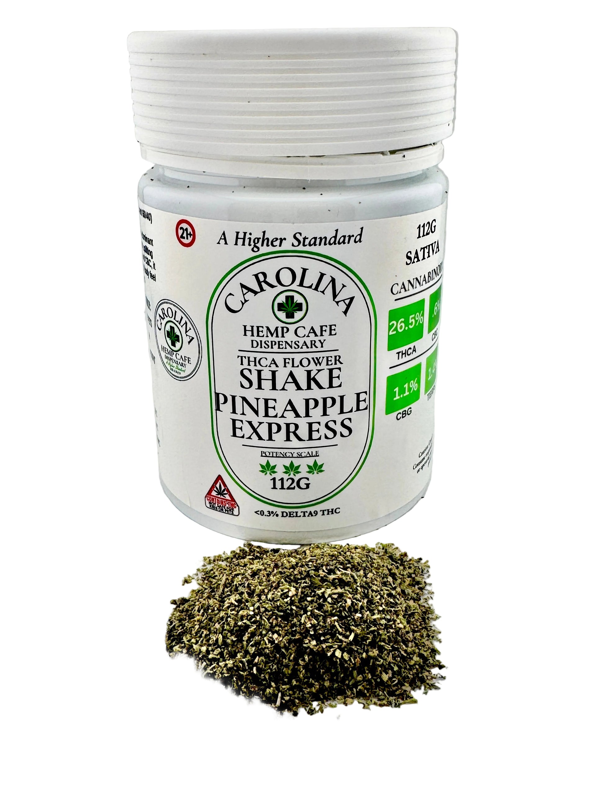 Jar of Carolina Hemp Cafe Pineapple Express flower shake on a gray background