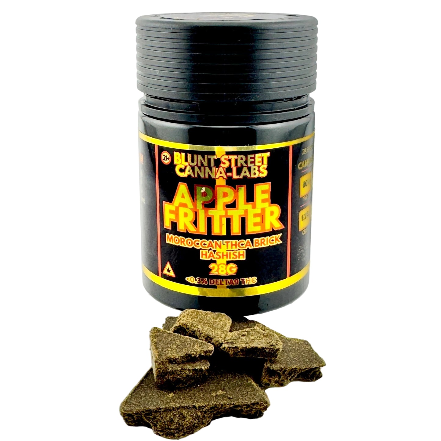 Jar of Blunt Street Canna-Labs Apple Fritter hashish on a white background