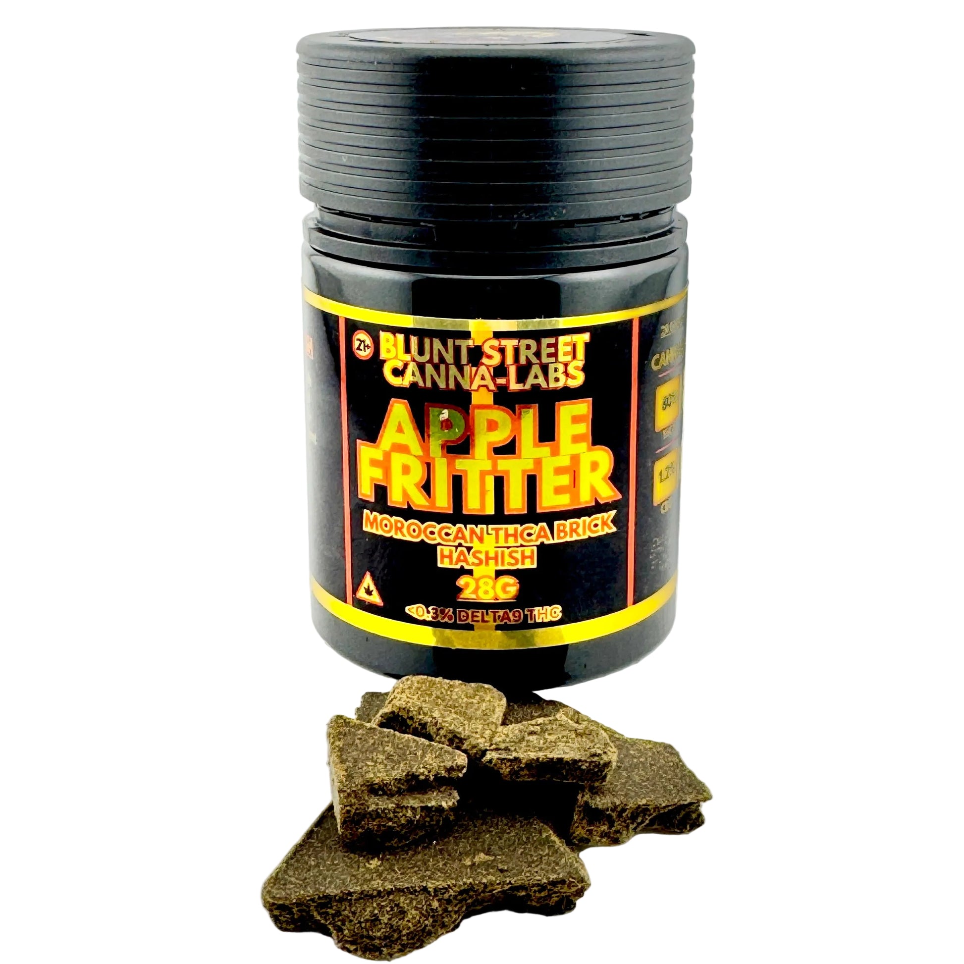 Jar of Blunt Street Canna-Labs Apple Fritter hashish on a white background