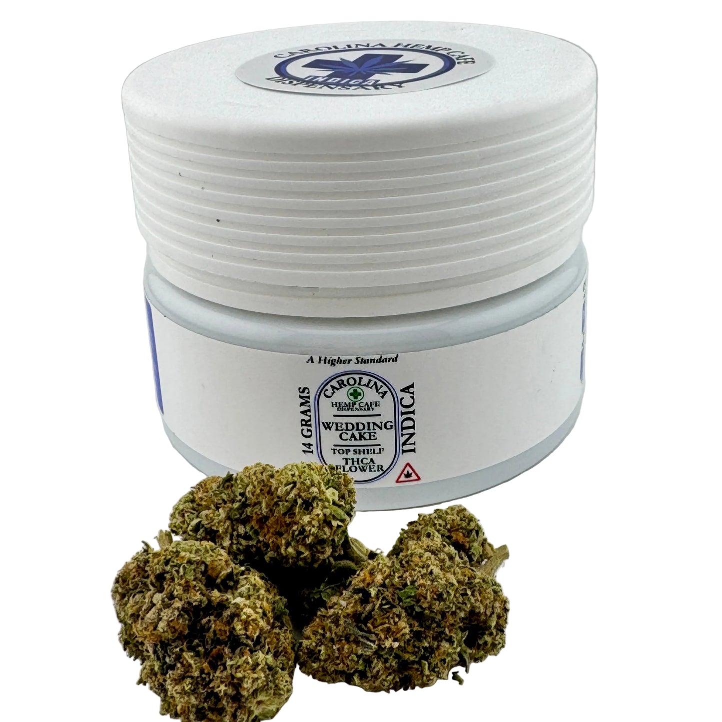 White container with Carolina Hemp Farms branding and cannabis buds on a light gray background