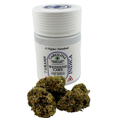 Jar of Carolina Hemp Cafe dispensary with cannabis buds on a white background