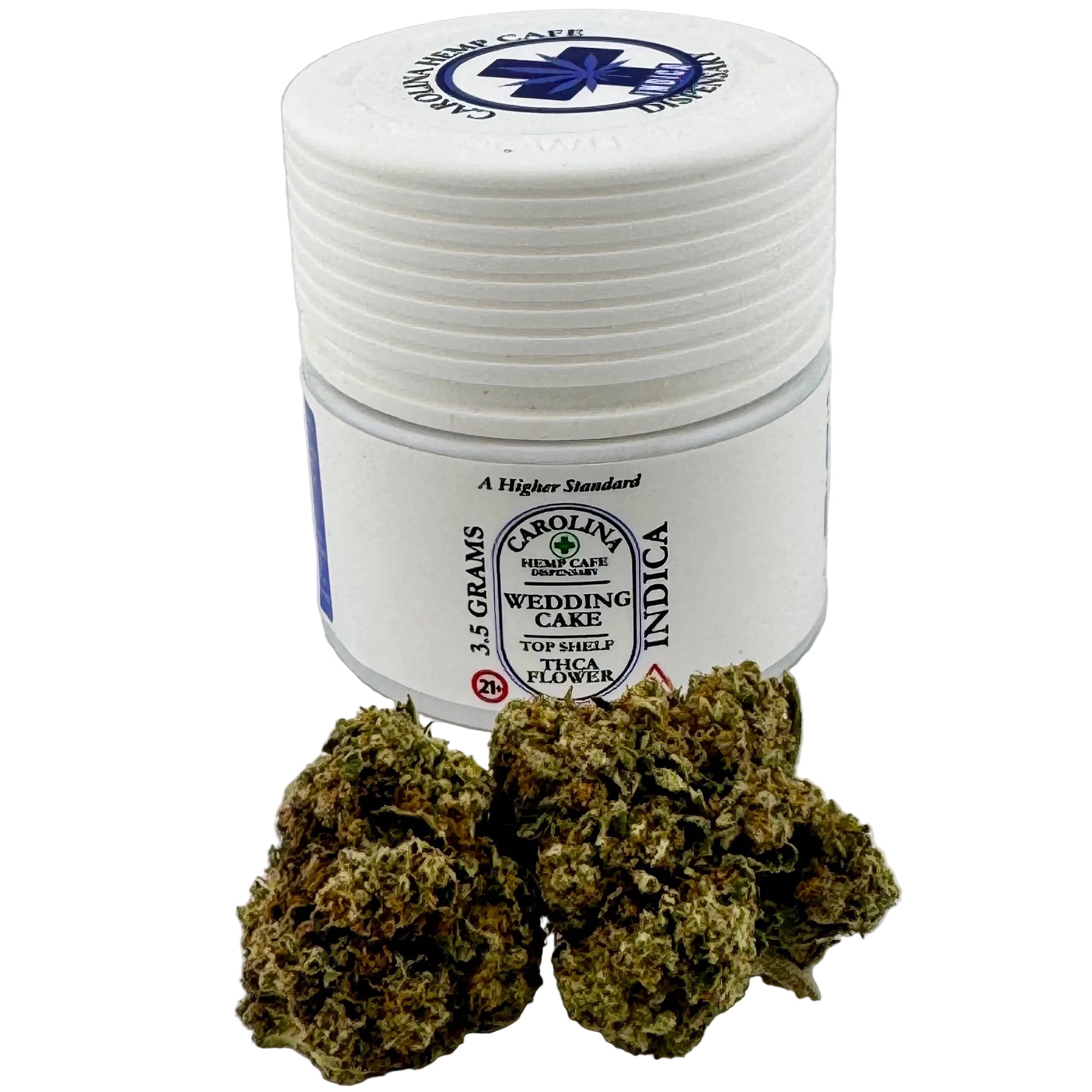 Jar of Carolina Hemp Farms Wedding Cake Indica cannabis with cannabis buds on a white background