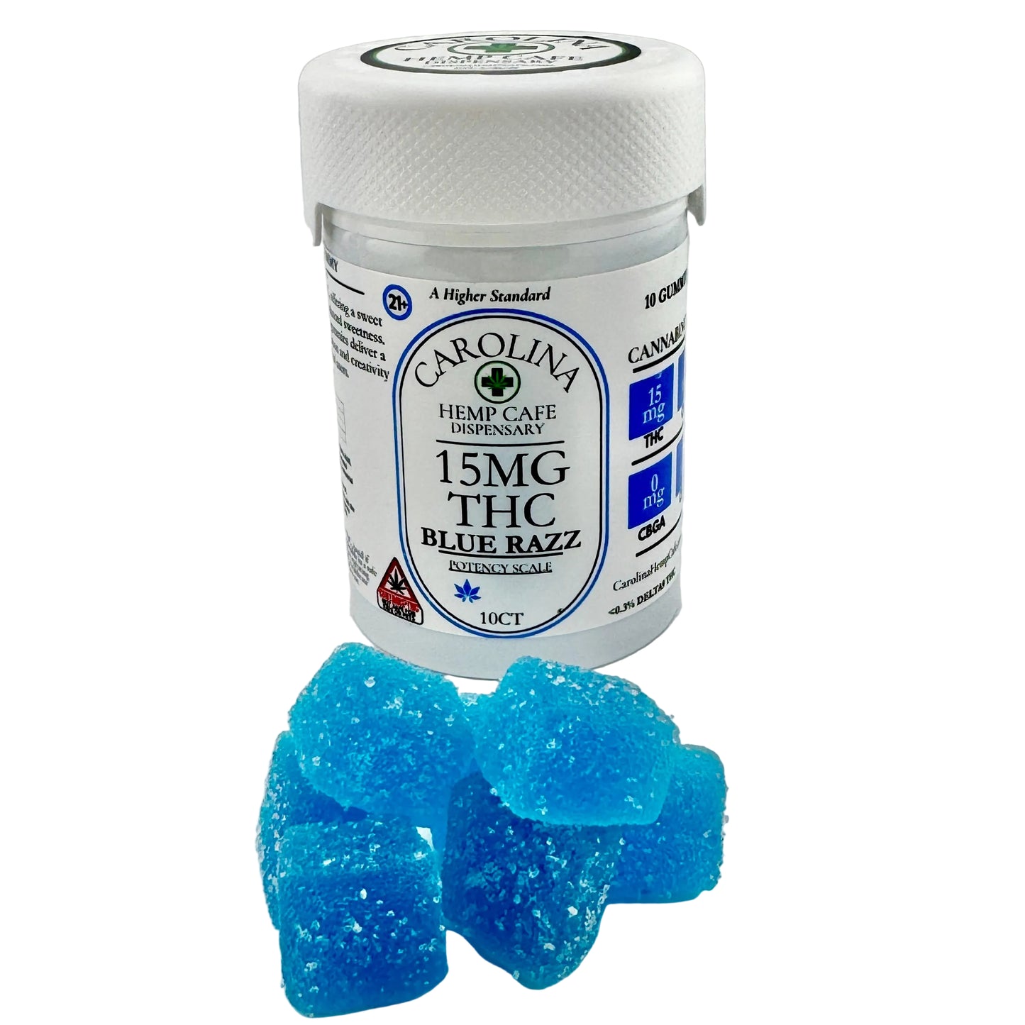 Jar of blue gummy bears with a label on a gray background