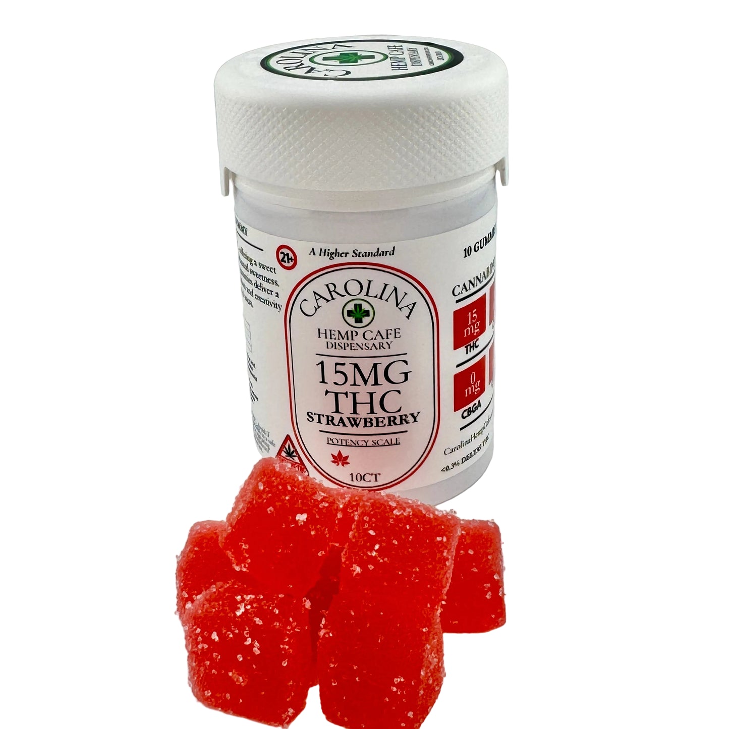 Jar of Carolina Hemp Cafe dispensary gummies with strawberry flavor on a white background