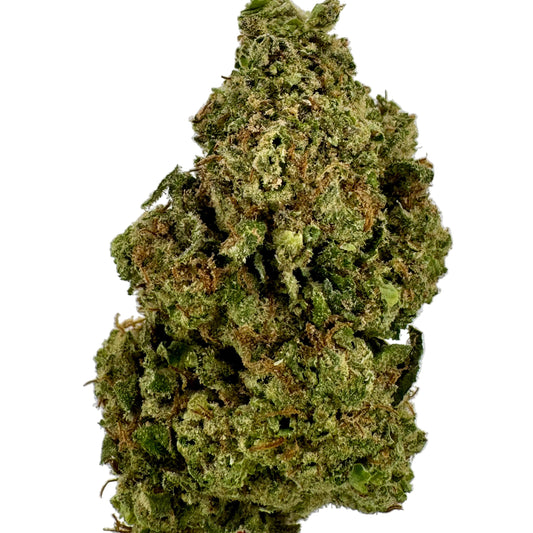 Close-up of a green cannabis bud on a light gray background