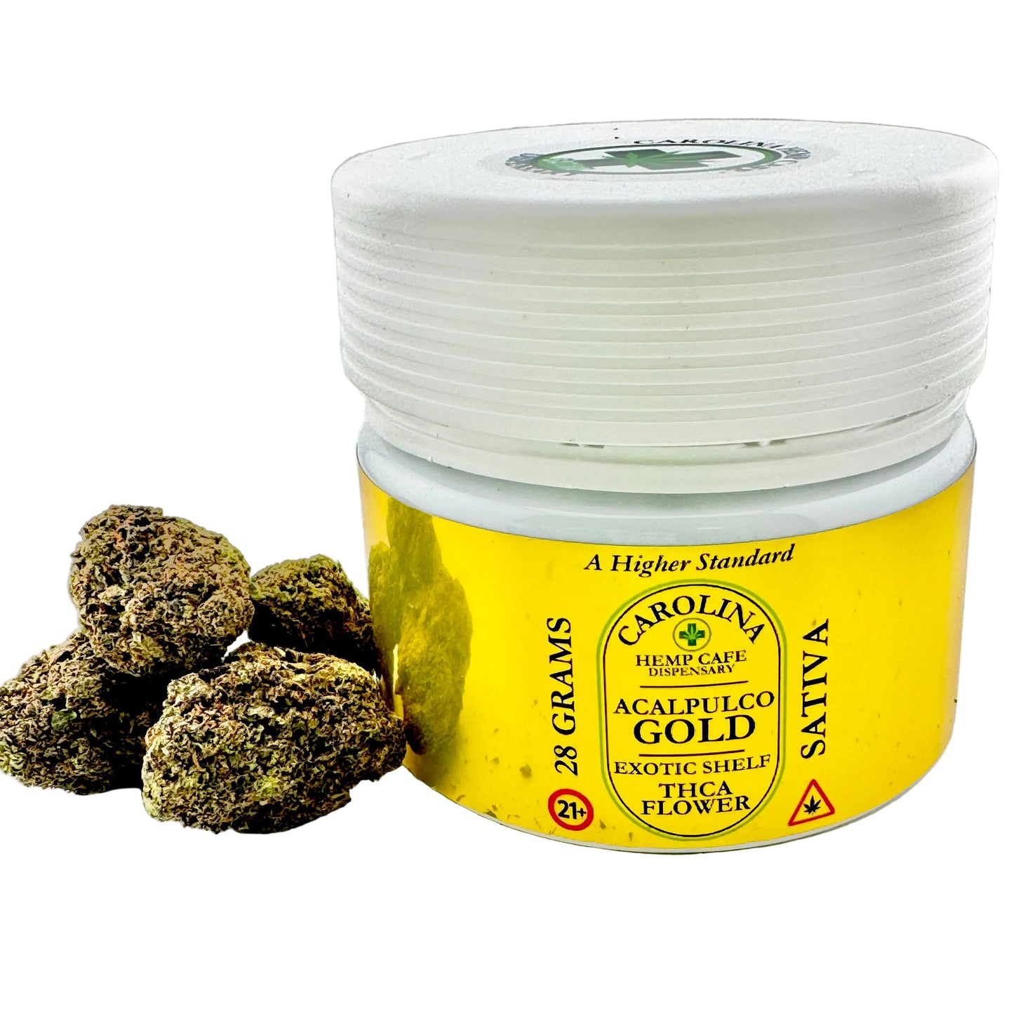 Jar of Carolina Hemp Cafe Acalpulco Gold Sativa with cannabis buds on a light background
