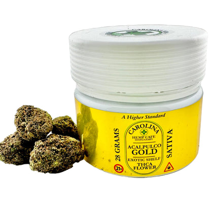 Jar of Carolina Hemp Cafe Acalpulco Gold Sativa with cannabis buds on a light background