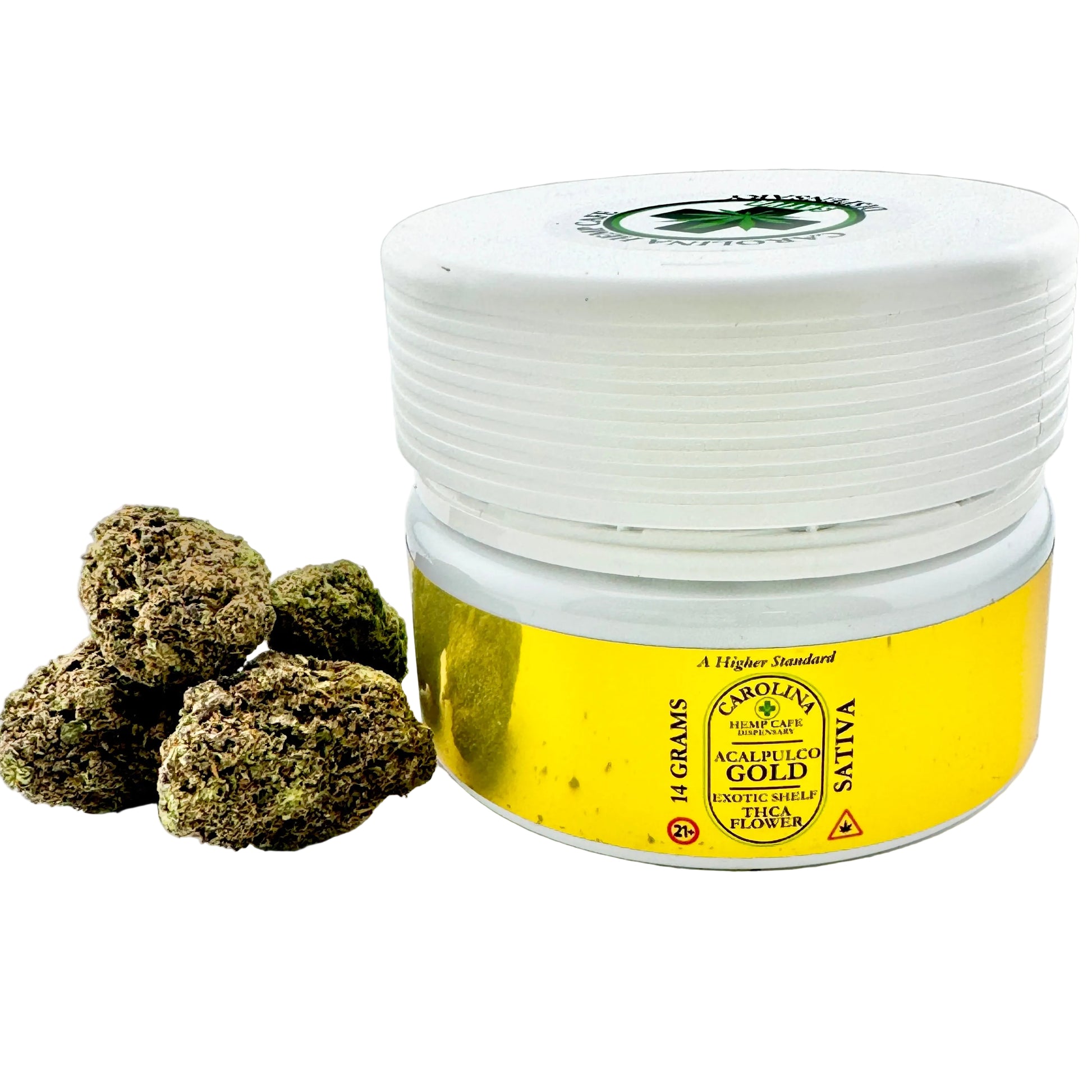 Jar of cannabis flower with a yellow label on a white background