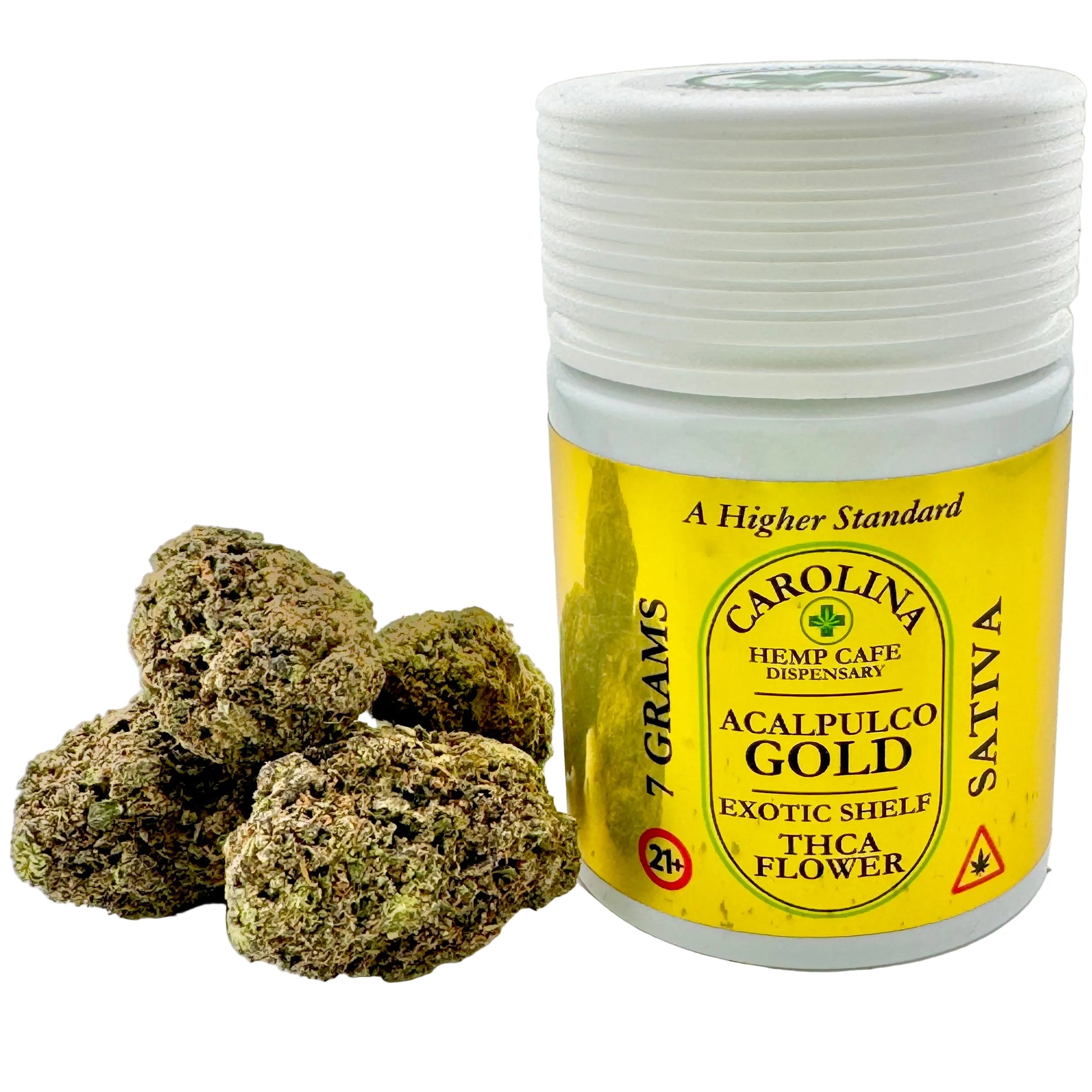 Jar of Carolina Hemp Cafe Acalpulco Gold Sativa with cannabis buds on a light background