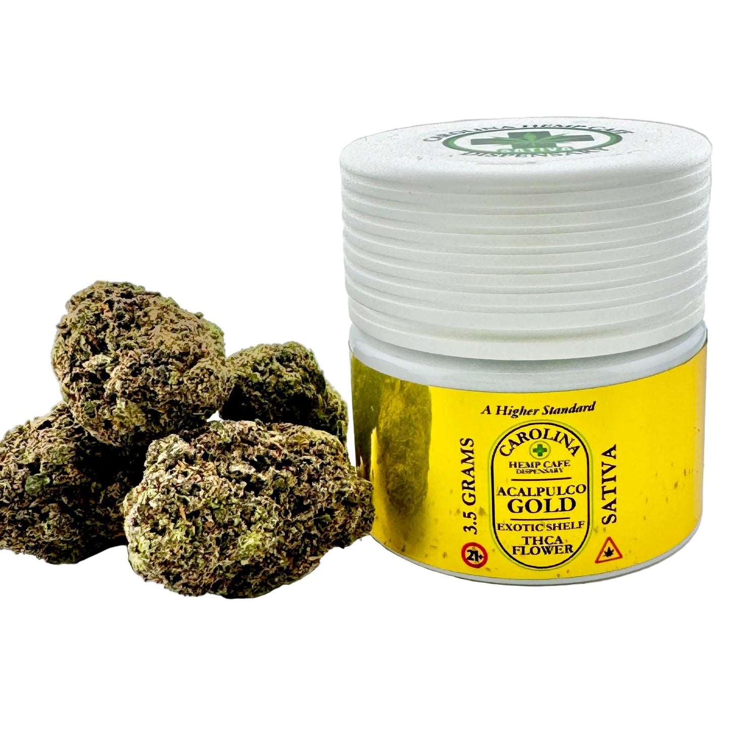 Jar of Carolina Herbals Exotic Hemp THCA Flower with cannabis buds on a light background