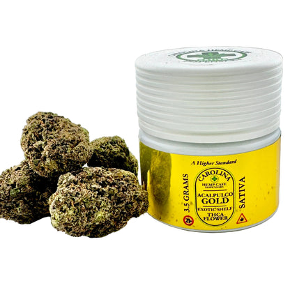 Jar of Carolina Herbals Exotic Hemp THCA Flower with cannabis buds on a light background