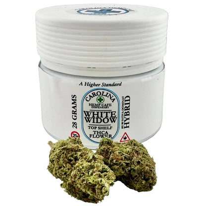 Jar of Carolina Hemp Cafe White Widow Hybrid with two buds on a light gray background