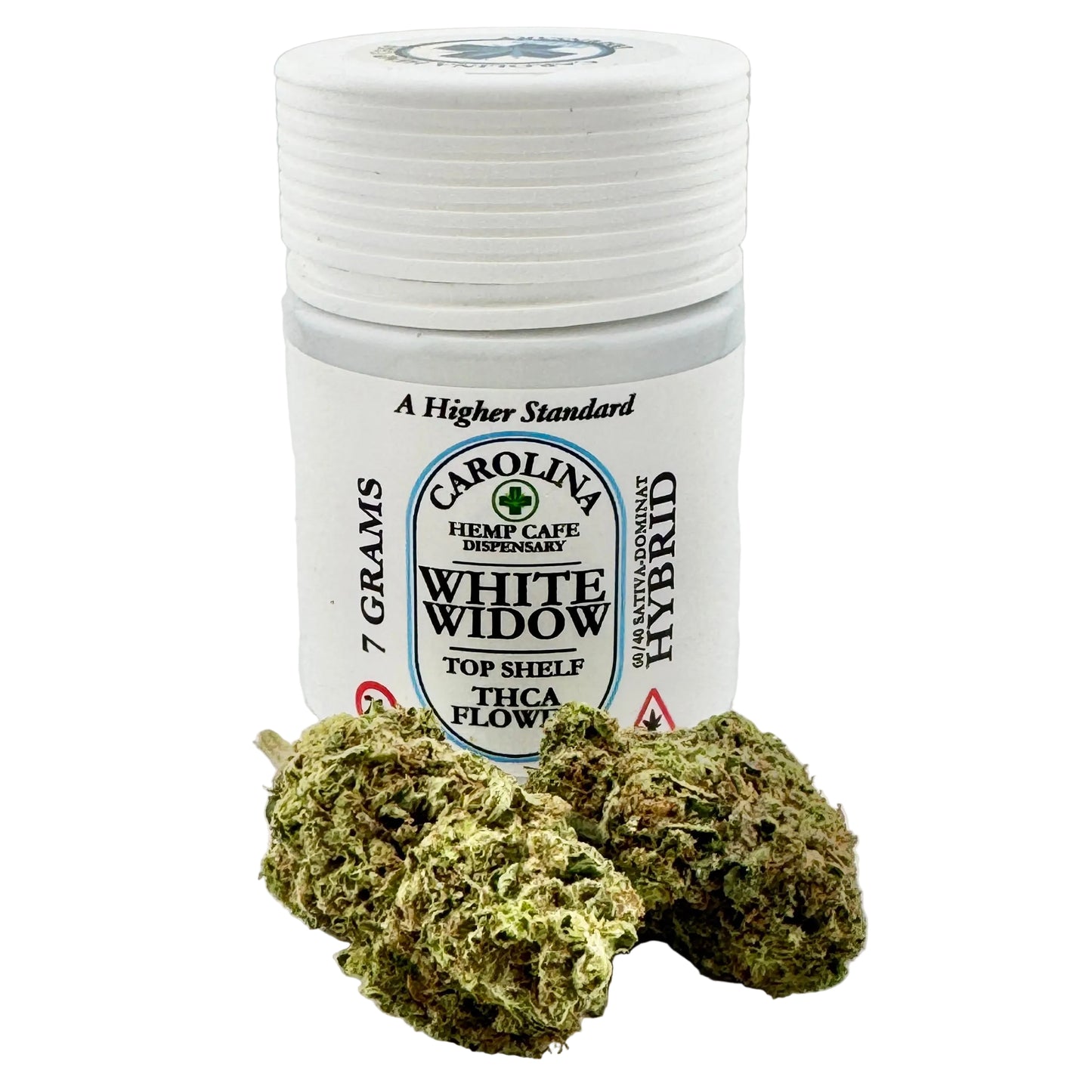 Jar of Carolina Hemp Cafe White Widow hybrid cannabis with cannabis buds on a light gray background