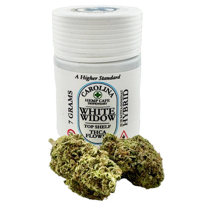 Jar of Carolina Hemp Cafe White Widow hybrid cannabis with cannabis buds on a light gray background