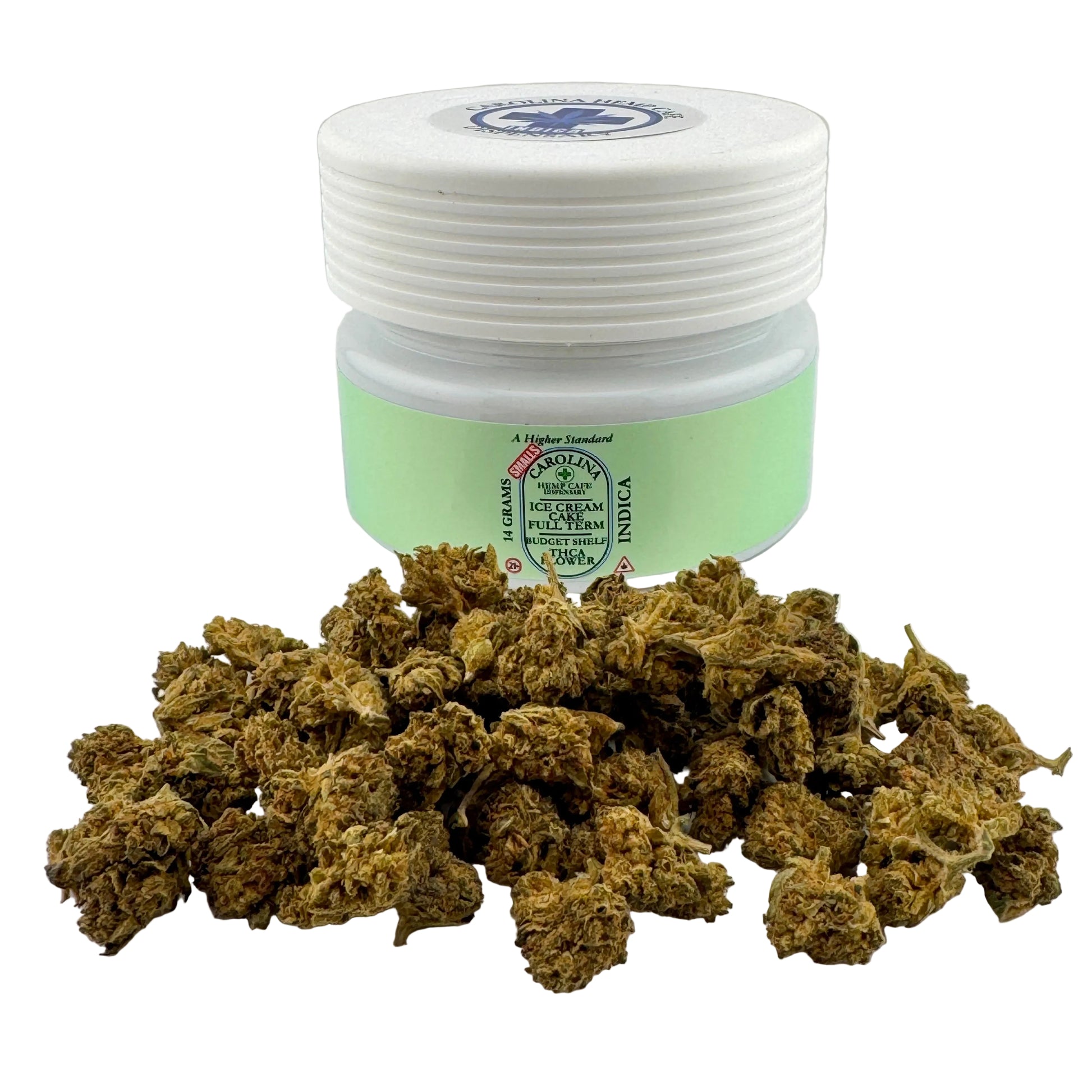 Jar of cannabis buds with a visible brand label on a white background