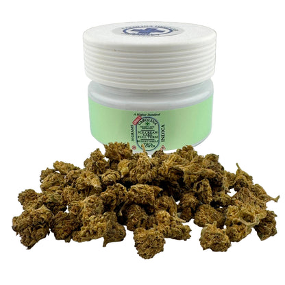 Jar of cannabis buds with a visible brand label on a white background