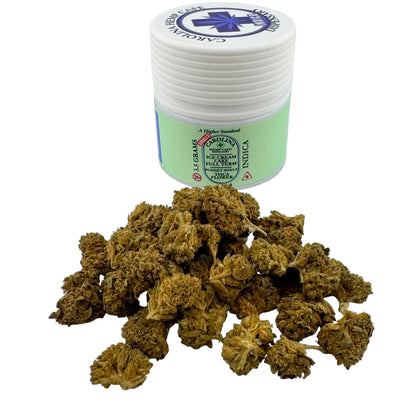 Jar of cannabis buds with a white lid on a light gray background