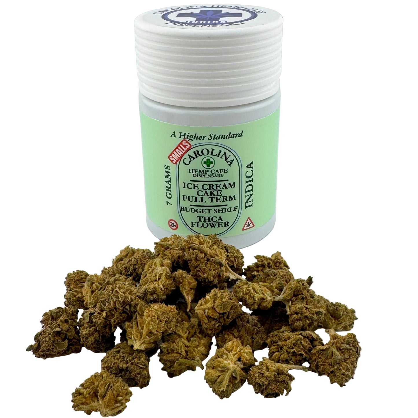 Jar of Carolin's Hemp Cafe Indica flower with cannabis buds on a white background