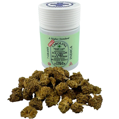 Jar of Carolin's Hemp Cafe Indica flower with cannabis buds on a white background