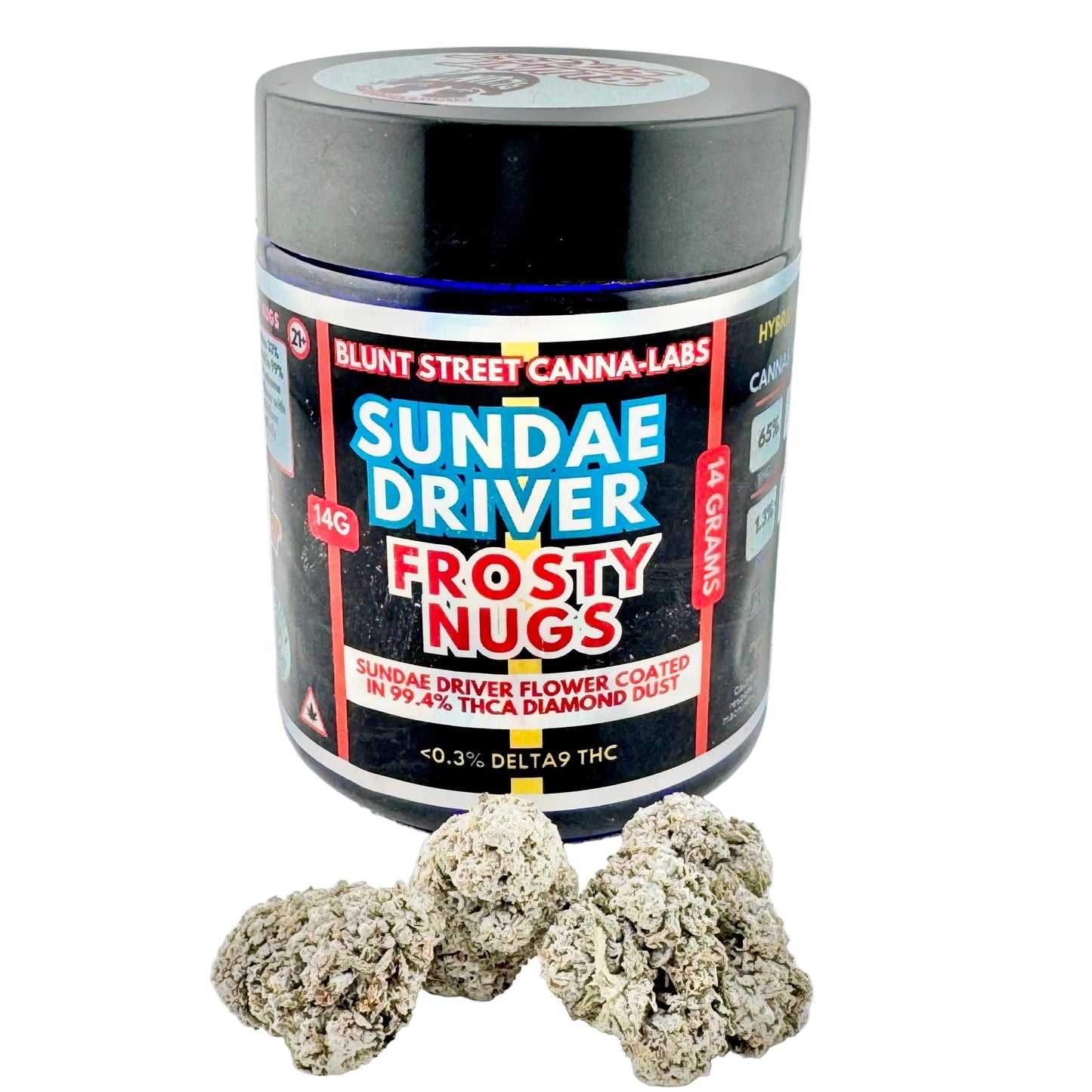 Jar of 'Sundae Driver Frosty Nugs' with cannabis buds on a white background