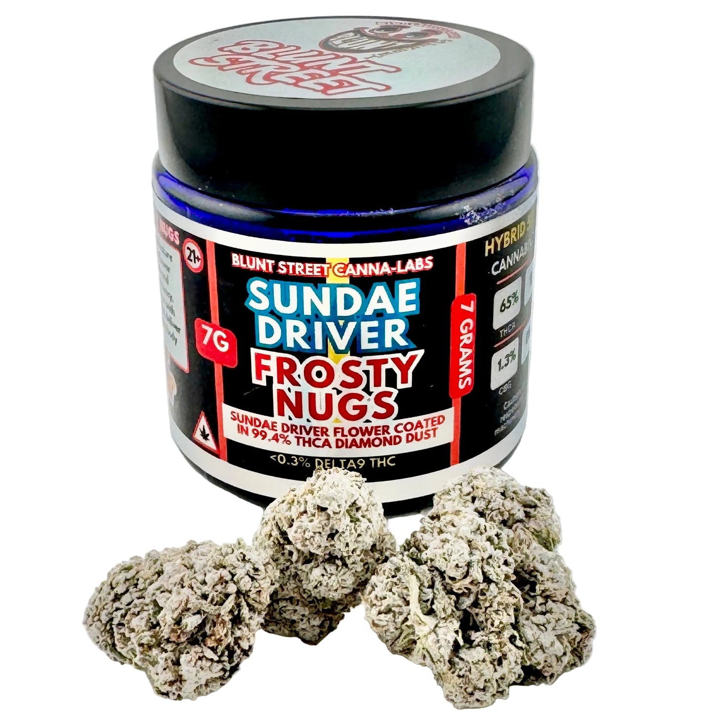 Jar of 'Sundae Driver Frosty Nugs' with two nugs in front on a light gray background