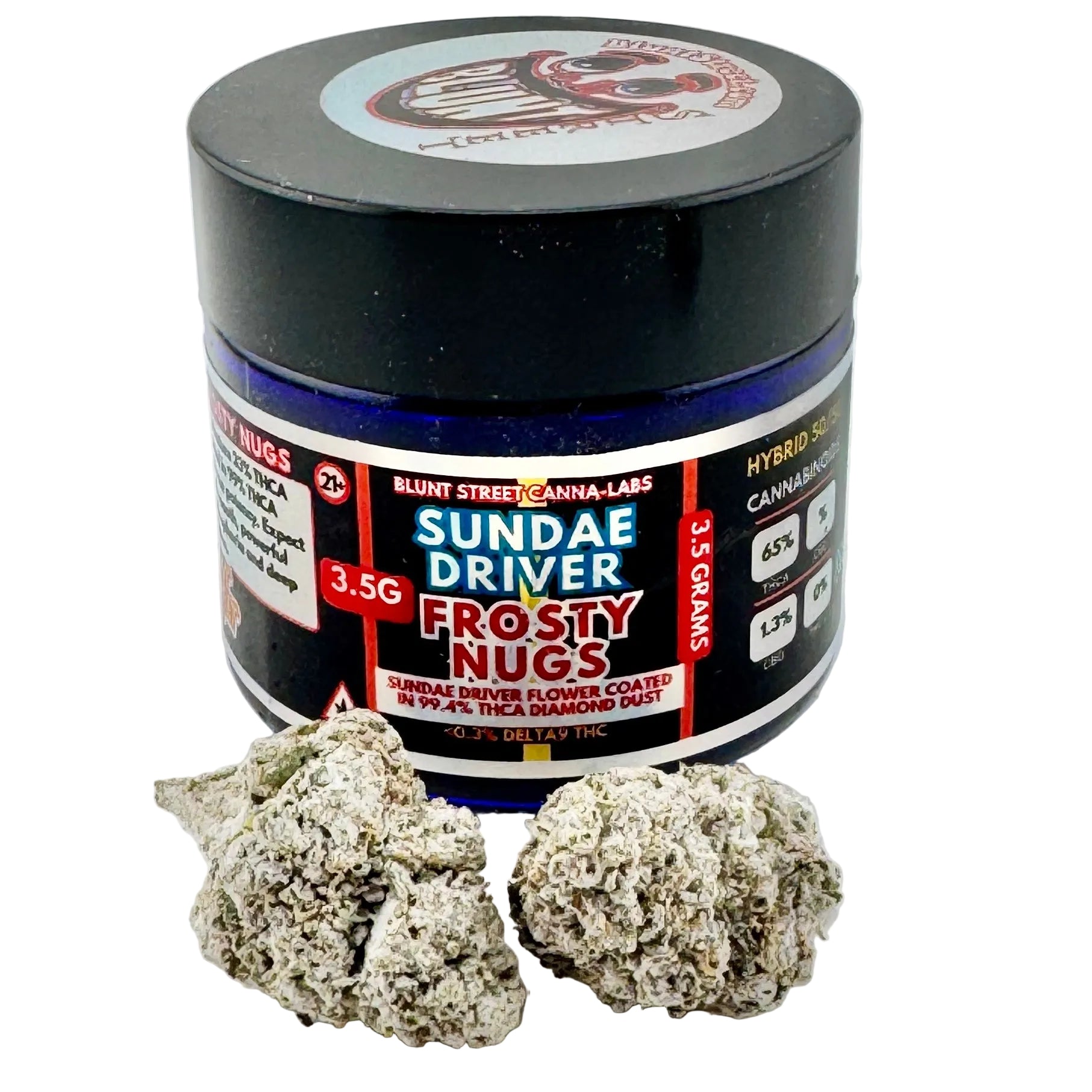 Jar of 'Sundae Driver Frosty Nugs' cannabis product on a light gray background
