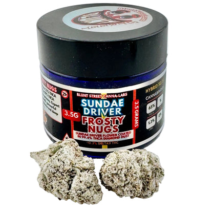 Jar of 'Sundae Driver Frosty Nugs' cannabis product on a light gray background
