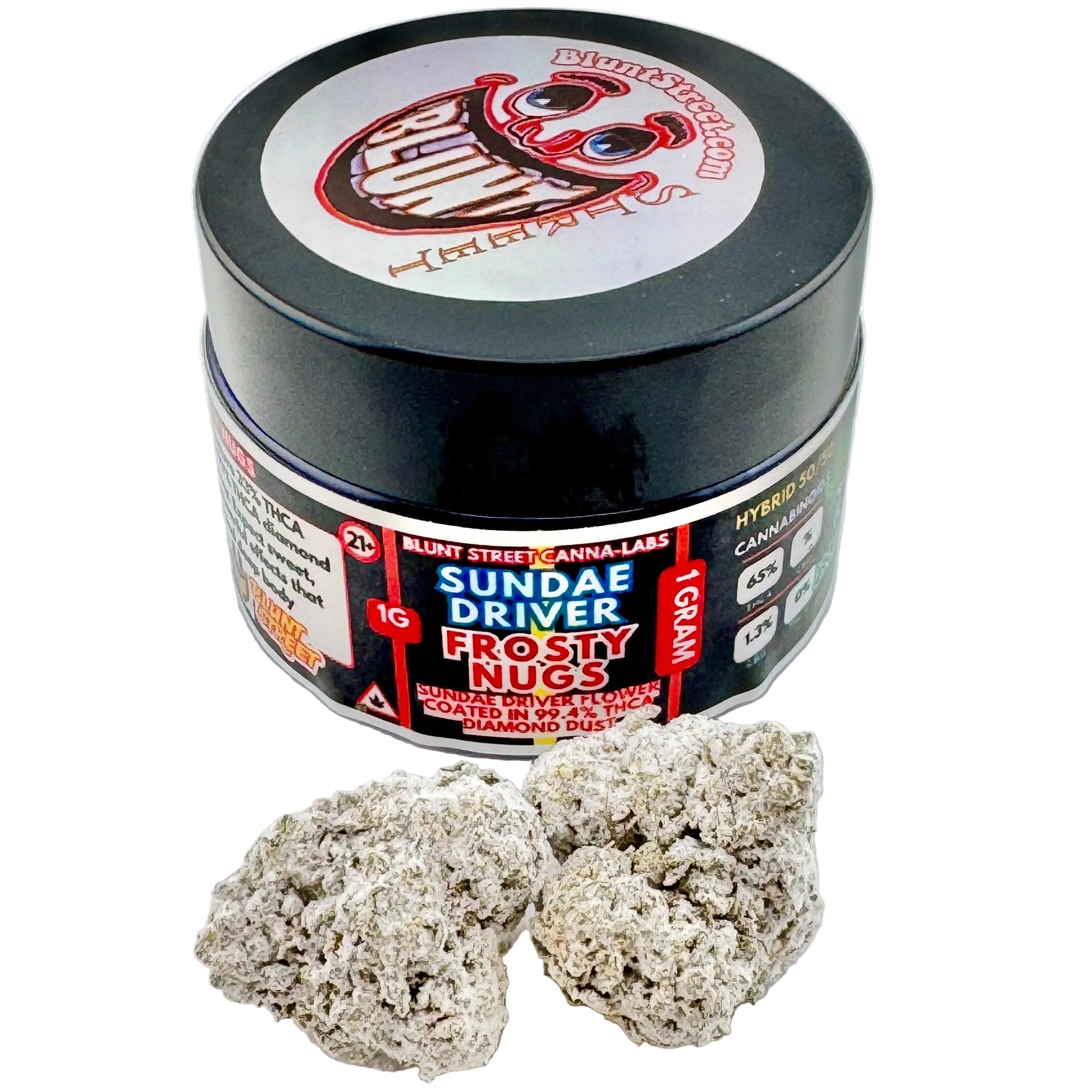Jar of 'Sundae Driver Frosty Nugs' cannabis product with two nugs on a gray background
