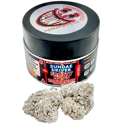 Jar of 'Sundae Driver Frosty Nugs' cannabis product with two nugs on a gray background