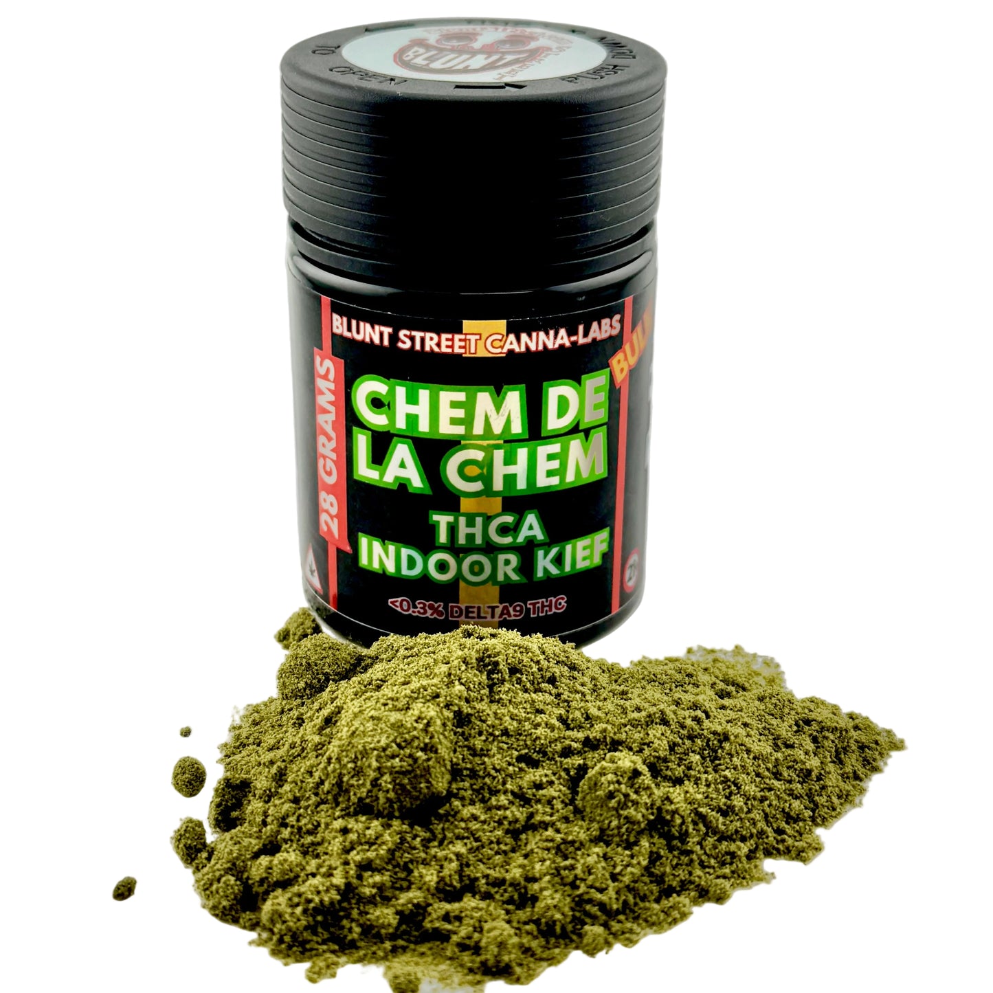Jar of Blunt Street Canna Labs Chem de la Chem THCA Indoor Kief on a gray background