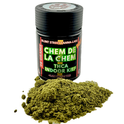 Jar of Blunt Street Canna Labs Chem de la Chem THCA Indoor Kief on a gray background