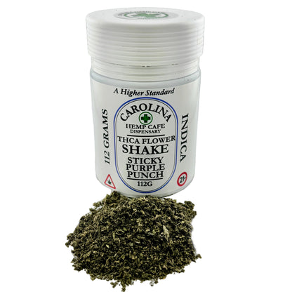 Jar of Carolina Hemp Cafe Indica Thca Flower Shake on a white background