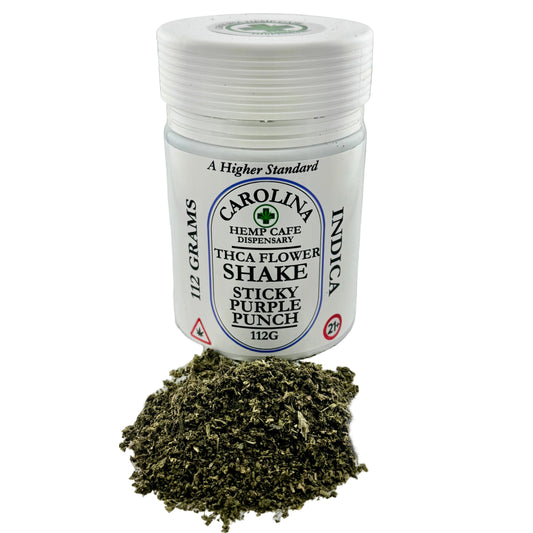 Jar of Carolina Hemp Cafe Indica Thca Flower Shake on a white background