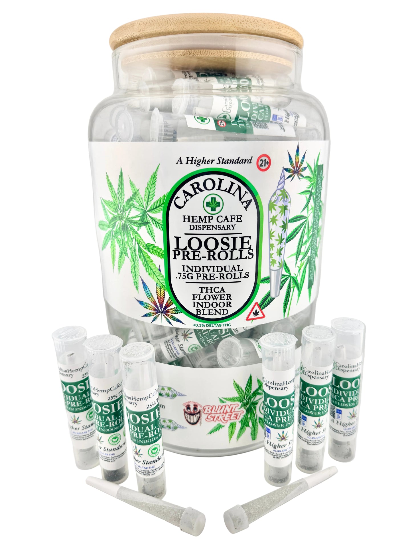 Jar of Carolina Hemp Cafe Pre-Rolls with individual packaging on a white background