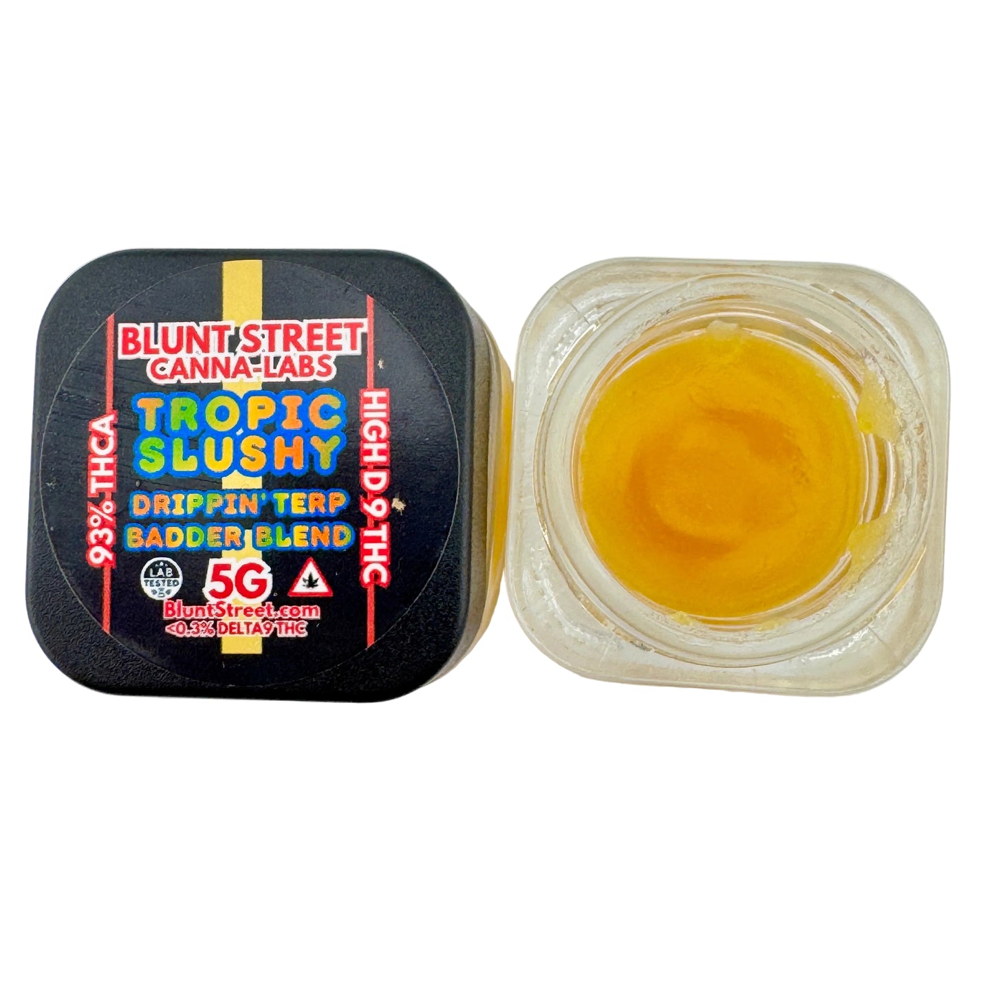 Jar of cannabis concentrate with Blunt Street Canna-Labs packaging on a white background