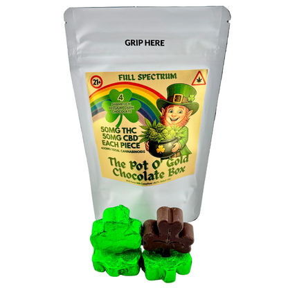 White packaging of 'The Pot O' Gold Chocolate Box' with leprechaun design and two chocolate pieces in front.
