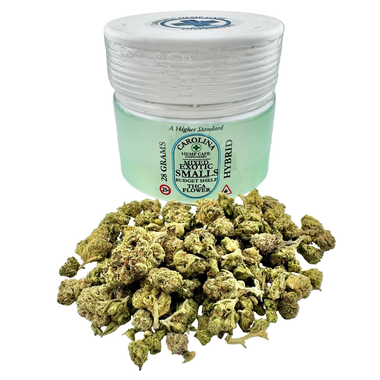 Jar of Carolina Reaper Smalls hybrid cannabis with cannabis buds on a gray background