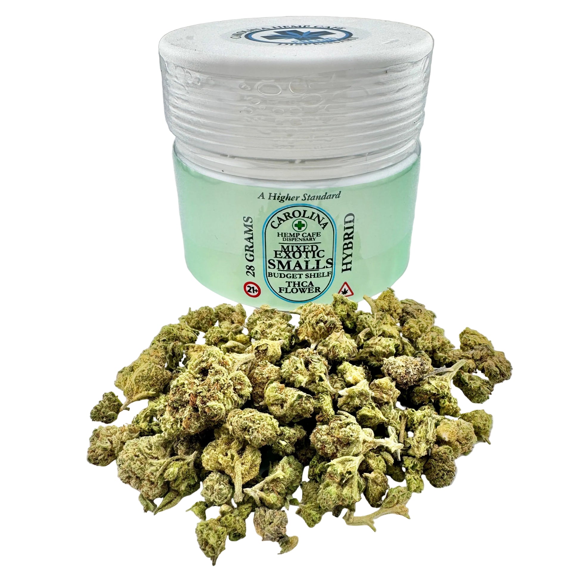 Jar of Carolina Reaper Smalls hybrid cannabis with cannabis buds on a gray background