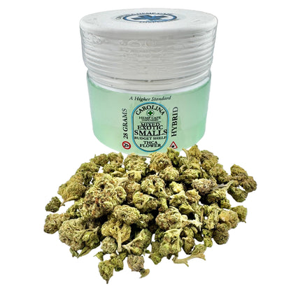 Jar of Carolina Reaper Smalls hybrid cannabis with cannabis buds on a gray background